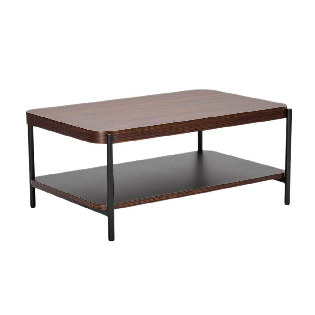 Moderne salontafel met houten blad en metalen poten"**