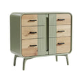Moderne kast met houten lades en groenen accenten**